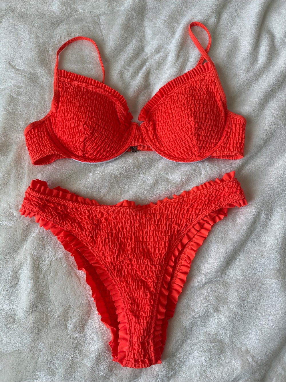 Women's Neon Orange Ruffled Smocked Bikini Set